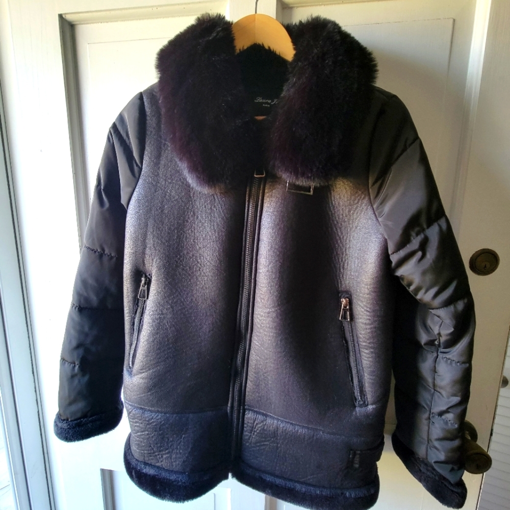 Laura Jo Paris Black Leatherette Quilted Faux Fur Trimmed Jacket